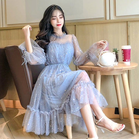 RUGOD New shiny women dress sequined transparent loose a line mesh patchwork elegant solid summer dress korean style kimono