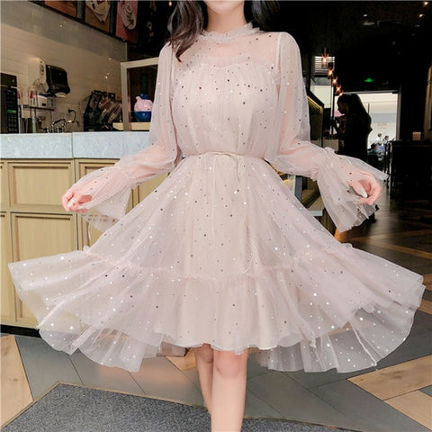 RUGOD New shiny women dress sequined transparent loose a line mesh patchwork elegant solid summer dress korean style kimono