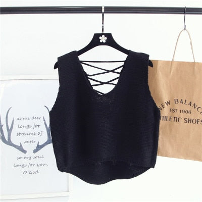 2019Women Back Lace Up Vest Sweater Women Vintage Knitted Pullover Top Jumper Female Irregular Hem V-Neck Sweaters Knitting Vest