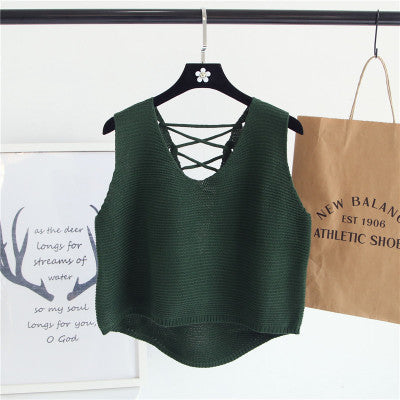 2019Women Back Lace Up Vest Sweater Women Vintage Knitted Pullover Top Jumper Female Irregular Hem V-Neck Sweaters Knitting Vest