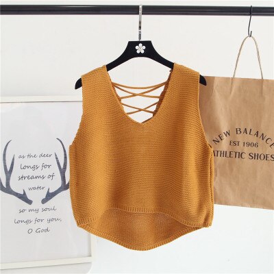 2019Women Back Lace Up Vest Sweater Women Vintage Knitted Pullover Top Jumper Female Irregular Hem V-Neck Sweaters Knitting Vest