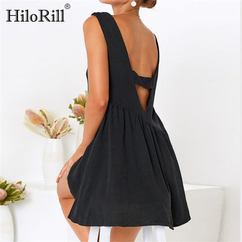 Sexy Backless Summer Dress Women Boho Style Beach Mini Dresses Sleeveless Casual Sundress Loose A-Line Party Dress Robe Femme