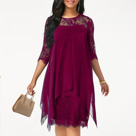 2019 Newest Women's Fashion Casual Loose Half Sleeve Elegant dress Round Neck Solid Color Big Size Lace dress 15 colors 2XS-5XL