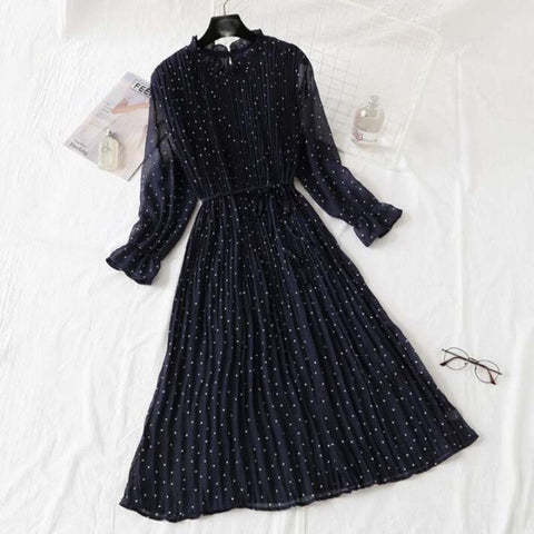 Women Print Pleated Chiffon Dress 2019 Spring Summer New Hot Fashion Female Casual Flare Sleeve Lotus leaf neck Basic Dresses