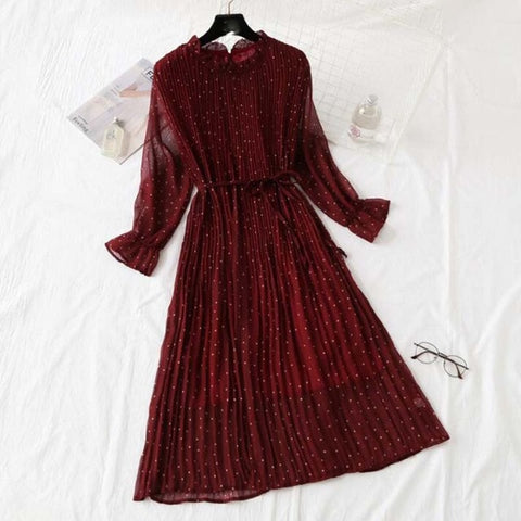 Women Print Pleated Chiffon Dress 2019 Spring Summer New Hot Fashion Female Casual Flare Sleeve Lotus leaf neck Basic Dresses