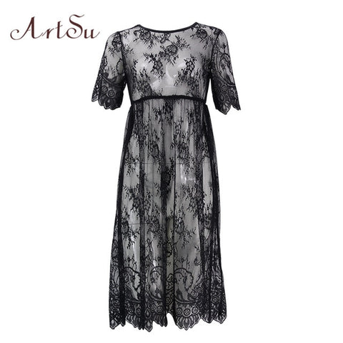 ArtSu Women Black Lace Dress Floor-Length White See Through Dress Adjust Waist Sexy New Hollow Out Vestido Maxi Plus Size DR5046