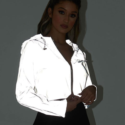 Reflective Boomber Hooded Jacket Women Night Glowing Short Jacket Coat Streetwear Long Sleeve Zipper Outwear Women holographic