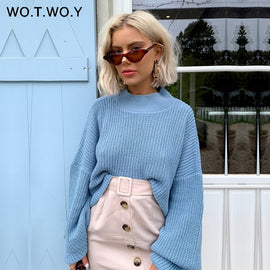 WOTWOY Autumn Winter Knitted Short Khaki White Sweater Women O-Neck Casual Lantern Sleeve Loose Sweater Pullovers Women Jumpers