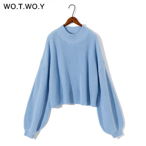 WOTWOY Autumn Winter Knitted Short Khaki White Sweater Women O-Neck Casual Lantern Sleeve Loose Sweater Pullovers Women Jumpers