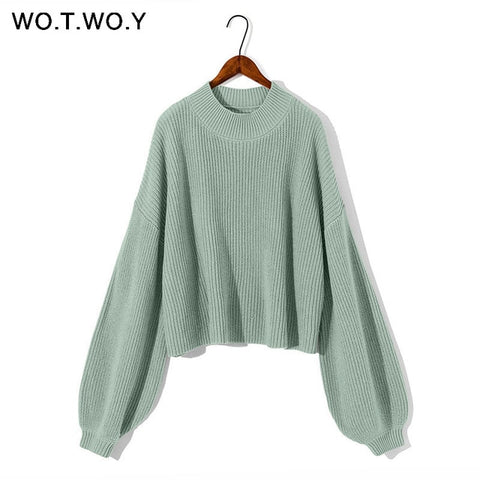 WOTWOY Autumn Winter Knitted Short Khaki White Sweater Women O-Neck Casual Lantern Sleeve Loose Sweater Pullovers Women Jumpers