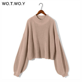 WOTWOY Autumn Winter Knitted Short Khaki White Sweater Women O-Neck Casual Lantern Sleeve Loose Sweater Pullovers Women Jumpers