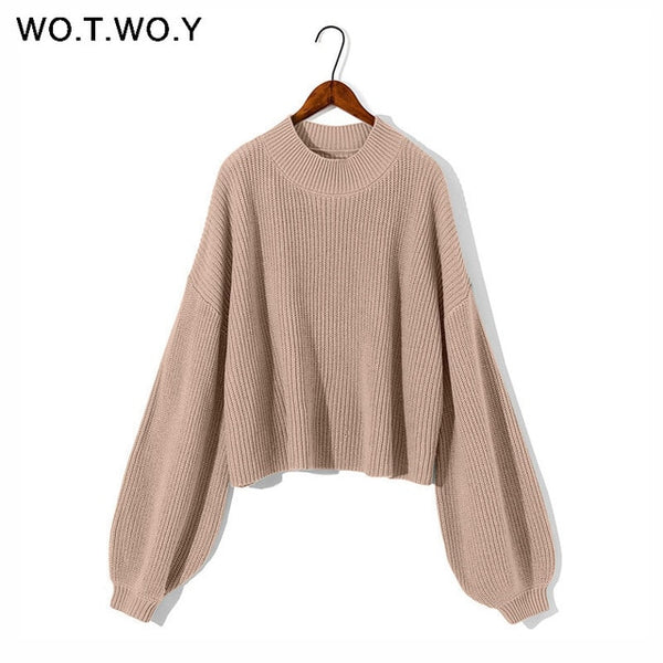 WOTWOY Autumn Winter Knitted Short Khaki White Sweater Women O-Neck Casual Lantern Sleeve Loose Sweater Pullovers Women Jumpers