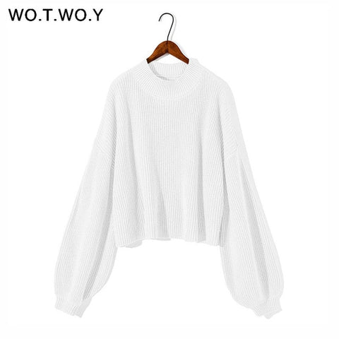 WOTWOY Autumn Winter Knitted Short Khaki White Sweater Women O-Neck Casual Lantern Sleeve Loose Sweater Pullovers Women Jumpers