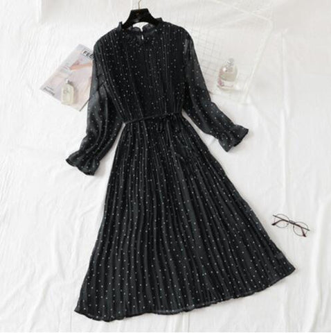 Women Print Pleated Chiffon Dress 2019 Spring Summer New Hot Fashion Female Casual Flare Sleeve Lotus leaf neck Basic Dresses