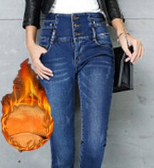 Women winter thick velvet jeans trousers ladies stretch high waist pencil pants skinny sexy female Washed Denim Blue Mom Jeans