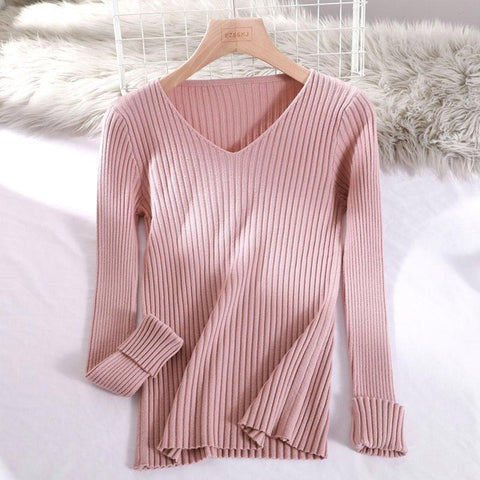 2019 basic v-neck solid autumn winter Sweater Pullover Women Female Knitted sweater slim long sleeve badycon sweater cheap