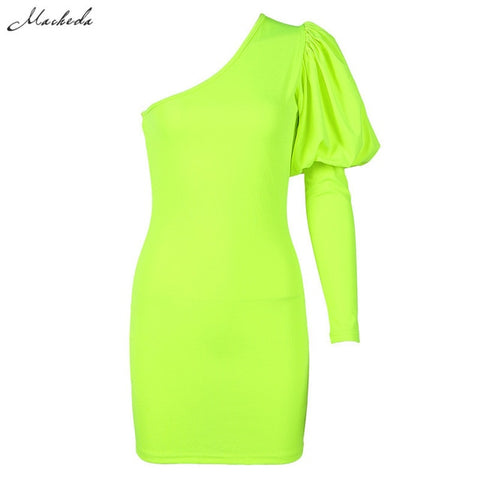 Macheda One Shoulder Sexy Bodycon Dress Summer Women Puff Long Sleeve Solid Wrap Mini Dress Lady Casual Slim Dress 2019 New