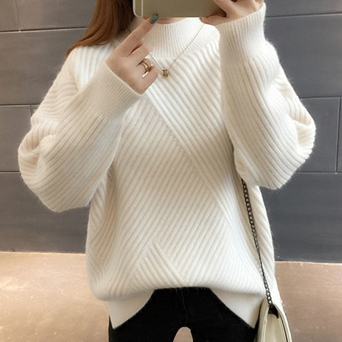 PEONFLY New 2019 Loose Thick Warm Winter Pullover Sweater Women Jumper Half Turtleneck Long Sleeve Knit Yellow Sweater Female