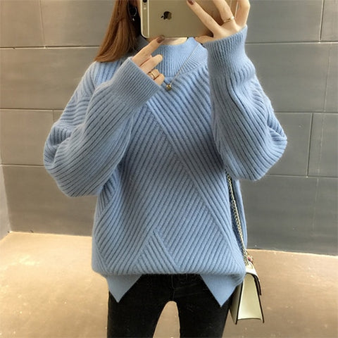 PEONFLY New 2019 Loose Thick Warm Winter Pullover Sweater Women Jumper Half Turtleneck Long Sleeve Knit Yellow Sweater Female