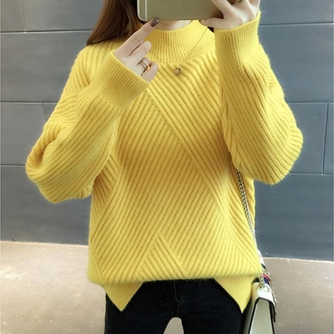 PEONFLY New 2019 Loose Thick Warm Winter Pullover Sweater Women Jumper Half Turtleneck Long Sleeve Knit Yellow Sweater Female