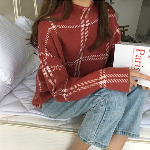 2019 Ins Winter New Women's Pullovers Sweater Fashion Plaid Turtleneck Loose Knit Full Sleeve Korean Casual Tops T98301D