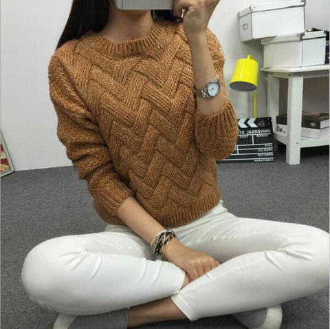 LuiseSandyHan 2019 Women Pullover Female Casual Sweater Plaid O-neck Long Sleeve Mohair Sweater Autumn and Winter Style