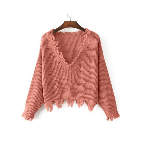 New Fashion 2019 Pullover Ripped Hole Sweaters Loose Jumper Casual White Sweater Women Knitting Sweaters Pull Long Sleev