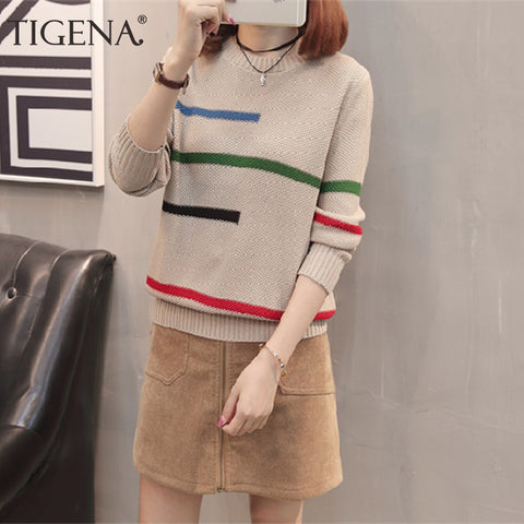 TIGENA 2019 Autumn Winter Pullover Sweater Women Jumper Korean Beautiful Color Striped Long Sleeve Knitted Sweater Female Khaki