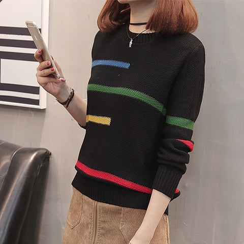 TIGENA 2019 Autumn Winter Pullover Sweater Women Jumper Korean Beautiful Color Striped Long Sleeve Knitted Sweater Female Khaki