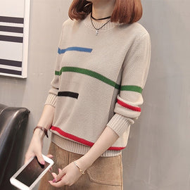 TIGENA 2019 Autumn Winter Pullover Sweater Women Jumper Korean Beautiful Color Striped Long Sleeve Knitted Sweater Female Khaki