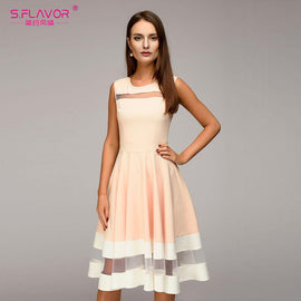 S.FLAVOR Women elegant knee-length dress sexy mesh patchwork O-neck A-line Vestidos women Vintage Sleeveless party dress