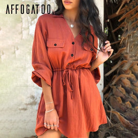 Affogatoo Vintage elagant women mini shirt dress Casual lantern sleeve short dress Turndown collar lace up linen female dresses