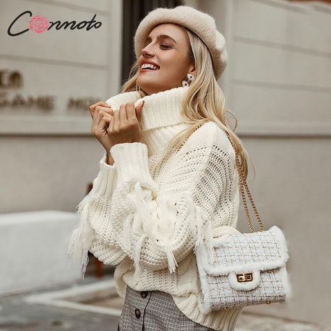 Conmoto Solid Deep Gray Casual Women Sweaters 2019 Winter Turtleneck Knitwear Sweater Oversized Tassel Knitted Pullovers Jumpers