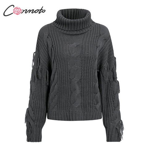 Conmoto Solid Deep Gray Casual Women Sweaters 2019 Winter Turtleneck Knitwear Sweater Oversized Tassel Knitted Pullovers Jumpers