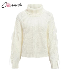 Conmoto Solid Deep Gray Casual Women Sweaters 2019 Winter Turtleneck Knitwear Sweater Oversized Tassel Knitted Pullovers Jumpers