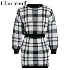 Glamaker Plaid knitted two-piece suit sexy autumn Dress women elegant winter sweater dress Sexy female fashion party short dress