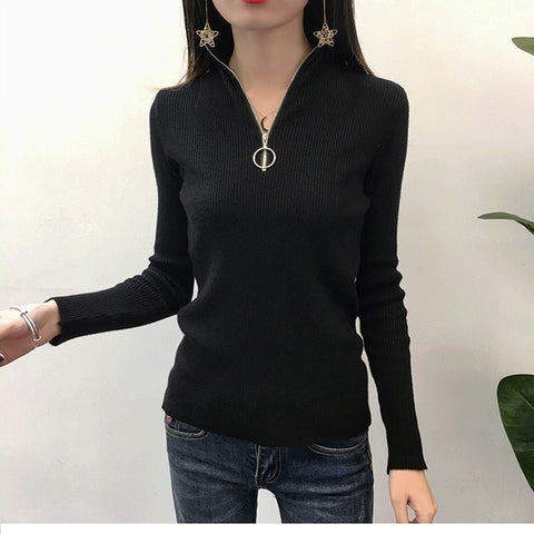 Casual Knitted Turtleneck Pullovers Sweater Women 2019 Autumn Winter Zipper Up Solid Slim Knitting sweaters Big Size Pull Femme