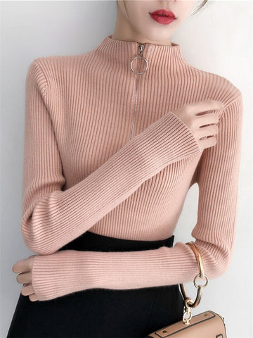 Casual Knitted Turtleneck Pullovers Sweater Women 2019 Autumn Winter Zipper Up Solid Slim Knitting sweaters Big Size Pull Femme