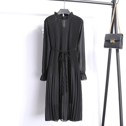 Women Two layers chiffon pleated dress 2019 spring autumn female vintage elegant long sleeve loose casual office lady dress