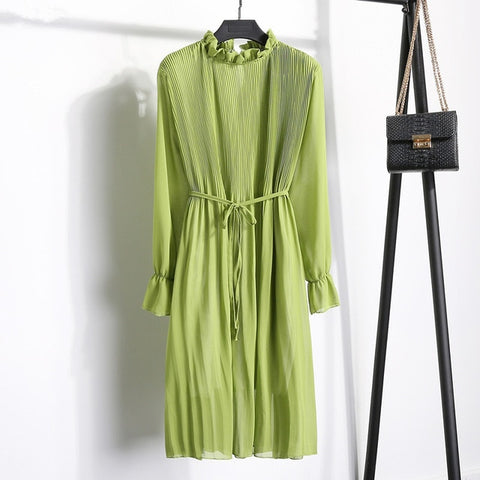 Women Two layers chiffon pleated dress 2019 spring autumn female vintage elegant long sleeve loose casual office lady dress