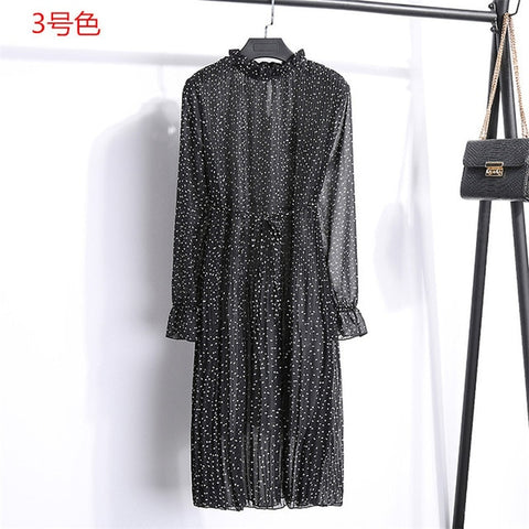 Women Two layers chiffon pleated dress 2019 spring autumn female vintage elegant long sleeve loose casual office lady dress