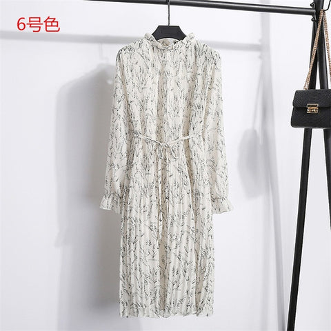 Women Two layers chiffon pleated dress 2019 spring autumn female vintage elegant long sleeve loose casual office lady dress