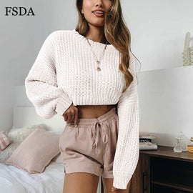 FSDA Pink Short Loose Sweater Women Black White Long Lantern Sleeve Pullover O Neck Casual Sweet Cute Office Knit Crop Sweater