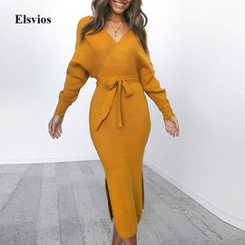 Elsvios Sexy V-Neck Backless Bodycon Dress Autumn Winter Split Knitted Dress Batwing Long Sleeve Sashes Sweater Dress Vestidos