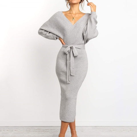 Elsvios Sexy V-Neck Backless Bodycon Dress Autumn Winter Split Knitted Dress Batwing Long Sleeve Sashes Sweater Dress Vestidos