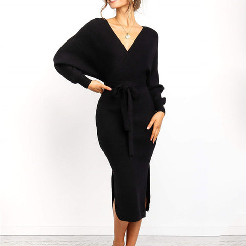 Elsvios Sexy V-Neck Backless Bodycon Dress Autumn Winter Split Knitted Dress Batwing Long Sleeve Sashes Sweater Dress Vestidos