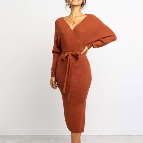 Elsvios Sexy V-Neck Backless Bodycon Dress Autumn Winter Split Knitted Dress Batwing Long Sleeve Sashes Sweater Dress Vestidos