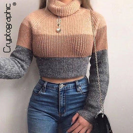 Cryptographic Fashion Women's  Turtlenecks Sweaters Striped Long Sleeve Knitted Pullovers Females Jumpers Cropped Sweaters Fall