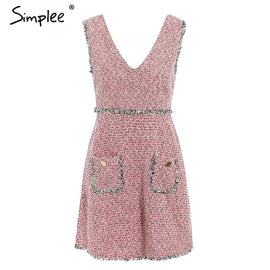 Simplee Vintage tweed autumn women dress Sleeveless v neck tassel pockets office ladies dress Winter slim female work vestidos