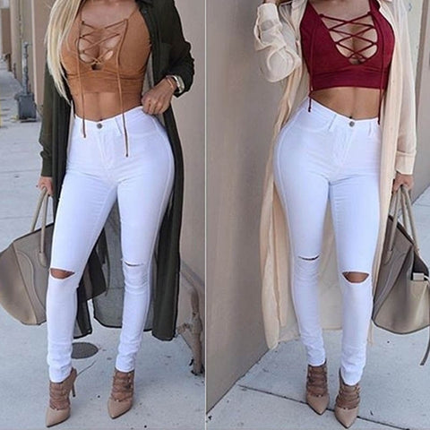 Women's Destroyed Ripped Jeans High Waist Slim Denim Long Pants Hole Boyfriend Jeans White Black Solid Trousers